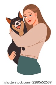 Pet owner. A young woman hugs a dog.  Flat vector illustration.