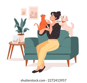 Pet owner. A young woman is sitting on a chair and playing with her pets. Flat vector illustration.