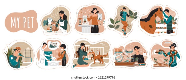 Pet owners cartoon characters, vector illustration. Men and women spending time with animals, people taking care of dog, cat, horse and bird. Dog grooming and pet shelter animals.