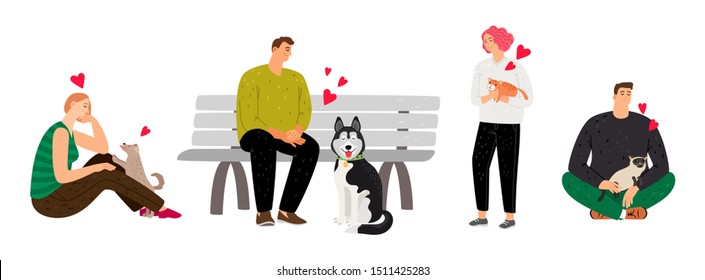 Pet owners. Cartoon people with dogs and cats. Single woman and man with pets vector set