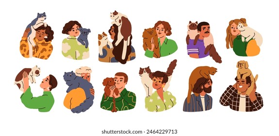 Pet owners and companion dogs, cats set. Happy people hugging, holding cute canine and feline animals with love. Humans and furry friends. Flat vector illustration isolated on white background