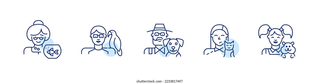 Pet owners of different ages with bird, hamster, fish, cat and dog. Pixel perfect, editable stroke line icon