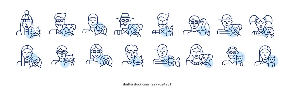 Pet owners of different ages. Cat, dog, fish and parrot love. Pixel perfect, editable stroke line icons set