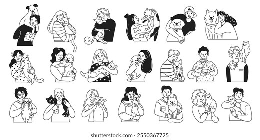 Pet owners embracing cats and dogs linear icons collection. People snuggling with furry companions characters set on white background