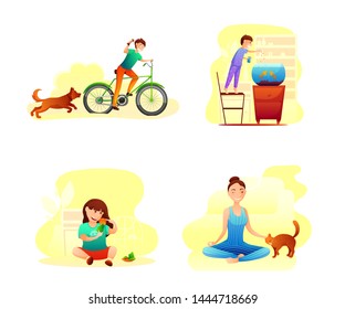 Pet owners flat illustrations set. Male and female cartoon characters cliparts pack. Boy on bike playing with dog isolated design elements. Girl with snail, cat drawing. Child feeding fishes sticker