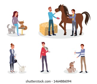 Pet owners flat vector illustrations set. Cartoon people taking care of domestic animals, cats, dogs. Male, female volunteers, shelter workers playing with kitties, puppies, brushing horse mane hair