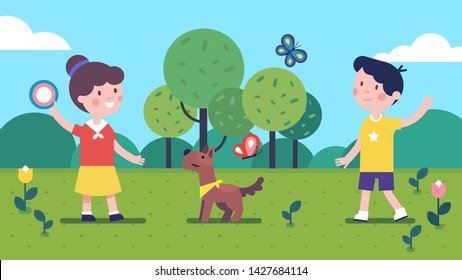 Pet owners girl and boy throwing and catching flying disk and playing with dog on summer meadow. Kids playing with puppy friend together. Smiling children cartoon characters. Flat vector illustration