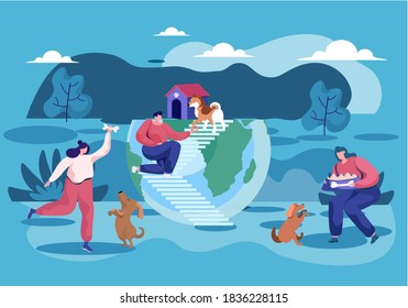 Pet owners group of women spend time with their dogs, take care of domestic animal cheerful puppy. People have fun and active time, play with funny pets. Flat vector illustration in blue colours
