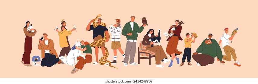 Pet owners, happy people with different animals. Me, women, kids volunteers, sitters holding and caring about cute cats, dogs, birds, parrot, hamster and turtle. Isolated flat vector illustration