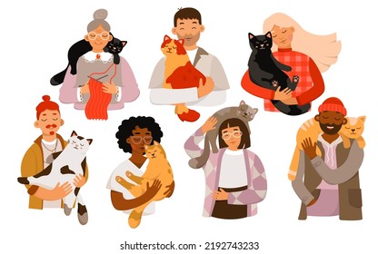 Los propietarios de mascotas sostienen gatos e ilustran el vector. Caricatura de retratos aislados de alegres personajes jóvenes y viejos sostienen y abrazan a lindos animales domésticos, hombres y mujeres cargando pequeños gatitos sobre los hombros