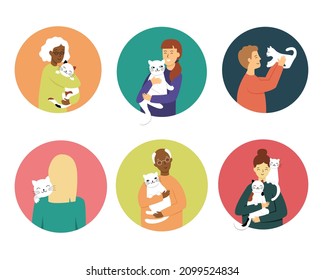 Pet owners hug cats, young and old people of different nationalities. Set of vector illustrations in flat style