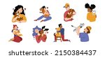 Pet owners hug dogs and cats. Vector flat illustration of happy women and man characters embrace with domestic animals isolated on white background. People hold pets with love