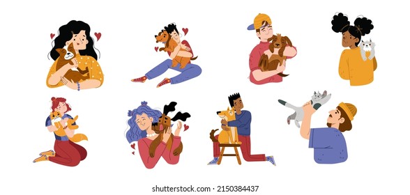 Pet owners hug dogs and cats. Vector flat illustration of happy women and man characters embrace with domestic animals isolated on white background. People hold pets with love