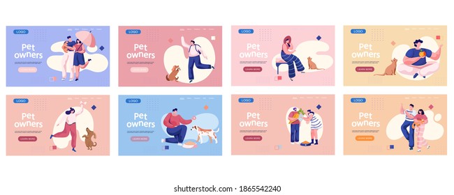 Pet owners landing page template. People playing with their domestic animals set of eight scenes, training a puppy, walking with little friend. Person is having leisure spend time with cat and dog