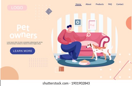 Pet owners landing page template. Woman feeding dog food from bowl at home, girl training puppy, playing with her little friend. Female is having leisure spend time with domestic animal cute doggy