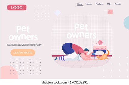 Pet owners landing page template. Happy woman playing with cat in ball sitting on floor at home. Female is having leisure spend time with domestic animal cute ginger kitty. Girl is training kitten