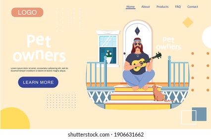 Pet owners landing page template. Male bard sitting with ukulele on doorstep. Cat listens to masters singing. Musician creates music. Guitarist composes songs and plays his own melody on guitar