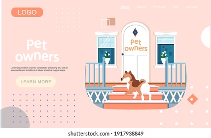 Pet owners landing page template. Dog stands on doorstep with beautiful white retro vintage front door. Windows with flowers. Sitting cute pleased puppy meets owner at home. House exterior, entrance