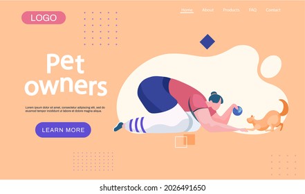 Pet owners landing page template. Happy woman playing with a cat in a ball sat on the floor. Female is having leisure spend time with domestic animal cute ginger kitty. Girl is training a kitten