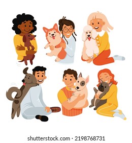 Pet owners love and care dogs set vector illustration. Cartoon isolated child and adult characters holding cute animals companions of different breeds, collection of person holding adorable puppy