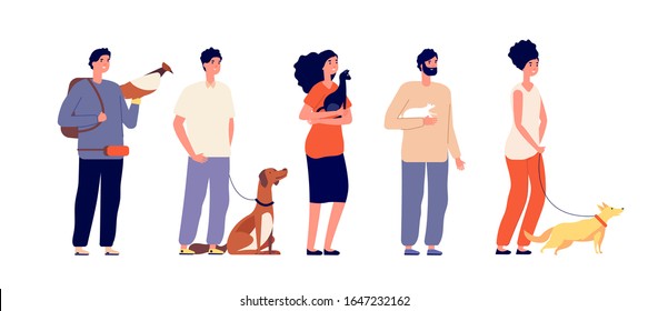 Pet Owners. Man Woman Hugging Pets. Isolated People With Cat Dog, Bird And Rat. Domestic Animals, Standing Young Friends Vector Characters