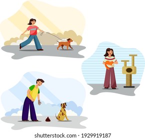 Pet owners, men and women spending time with their domestic animals Walking, cuddling and cleaning up with pets. Dogs and cats with masters. Vector illustration