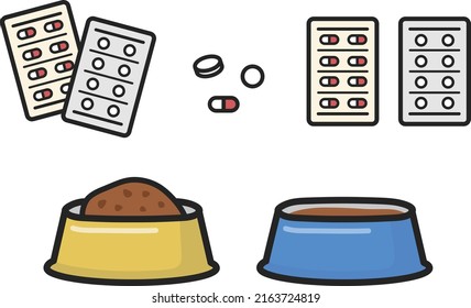 Pet owners mix medicines with pet food trying to cure the pet. Vector illustration isolated on white background.