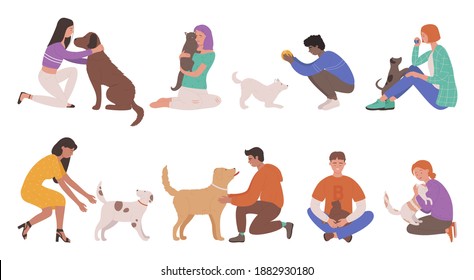 Pet owners people vector illustration set. Cartoon young man woman characters hug, hold in hands and love best friend dog or cat, play with own animals in fun game, happy friendship isolated on white