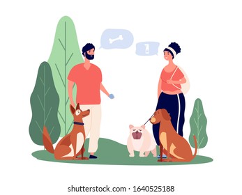 Pet owners. People walking pets, man and woman with dogs. Happy couple characters. Game with animals and communication vector illustration