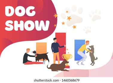 Pet owners petting dogs and celebrating victory. Winner, award, animal concept. Poster or landing template. Vector illustration for topics like entertainment, competition, dog show