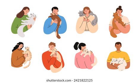 Pet owners set. People are holding cute cats in their hands. Flat vector illustration.