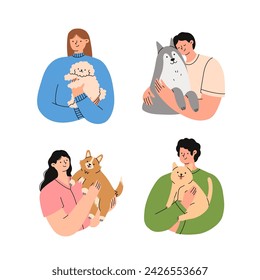 Dueños de mascotas. La gente tiene perros lindos en sus manos. Ilustración vectorial plana.