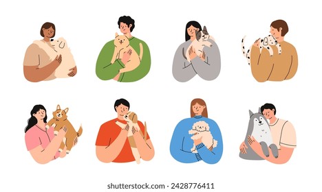 Dueños de mascotas. La gente tiene perros lindos en sus manos. Ilustración vectorial plana.