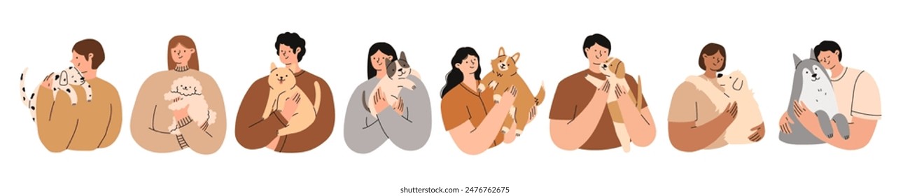 Pet owners set. People are holding cute dogs in their hands. Flat vector illustration.