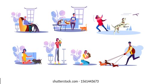 Pet owners set. People playing with cats, training dogs and pigs, cuddling rabbit and parrot. Flat vector illustrations. Animal, leisure, hobby concept for banner, website design or landing web page