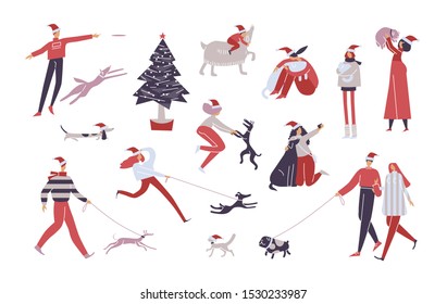 Pet owners set. Young people hug, play, with animals. Collection of Happy friends enjoy outdoor. Company celebrates new year. Party around Christmas tree. Holiday vector illustration isolated on white