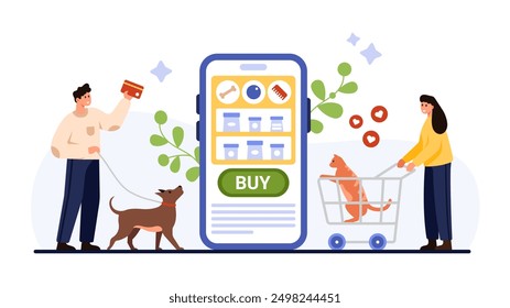 Pet owners shopping online in vet store mobile app. Tiny people, dog and cat choose product category on smartphone screen to buy, man holding credit card for payment cartoon vector illustration