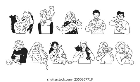 Pet owners showing care for beloved cats linear icons collection. Human bonding animals heartwarming characters set on white background