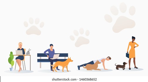 Pet owners training and relaxing. Fun, animal, friend concept. Vector illustration can be used for topics like lifestyle, pet care