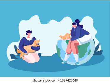 Pet owners two women with their domestic animals on a walk or at home in the evening flat vector. Girlfriends are sitting with dog and cat talking, communicating, spending time together with pet