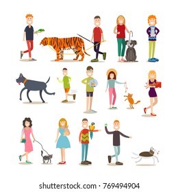 Pet owners vector icon set. People with their pets cat, dog, goldfish, rabbit, parrot cockatoo, green lizard iguana and animal tamer with tiger. Flat style design elements isolated on white background