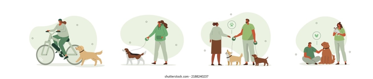 Pet owners and volunteer illustration set. Character walking and biking with dogs. Owner giving dog leash to pet sitter. Volunteers in shelter helping animals. Pet care concept. Vector illustration.
