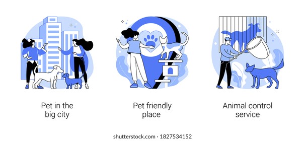 Pet ownership abstract concept vector illustration set. Pet in the big city, dog friendly place, animal control service, walking place, rescue service, stray dogs and cats abstract metaphor.