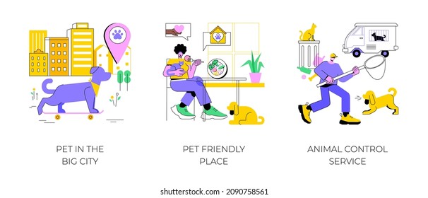 Pet ownership abstract concept vector illustration set. Pet in the big city, dog friendly place, animal control service, walking place, rescue service, stray dogs and cats abstract metaphor.