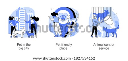 Pet ownership abstract concept vector illustration set. Pet in the big city, dog friendly place, animal control service, walking place, rescue service, stray dogs and cats abstract metaphor.