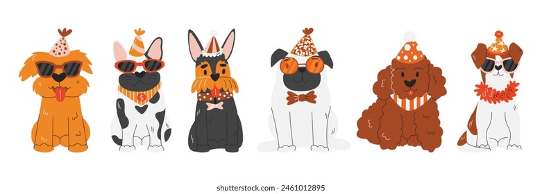Pet party cute different dog breeds set. Puppy birthday celebration concept design. Domestic animal characters with festive accessories. Canine paw-ty time hand drawn flat vector illustration isolated