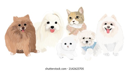 Fiesta de mascotas adorables cachorros y adorables gatos arte vectorial amistad