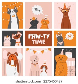 Pet party poster template with cats and dogs. Celebration concept design with handwritten lettering. Geometric banner with domestic animals. Paw-ty time hand drawn flat vector illustration isolated