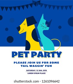 Pet Party Poster Template. Vector illustration of dog and cat wearing sunglasses. Party Greetings Card Concept