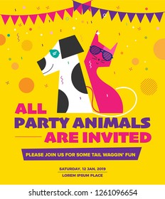 Pet Party Poster Template. Vector Illustration Of Dog And Cat Wearing Sunglasses. Party Greetings Card Concept. Party Animals